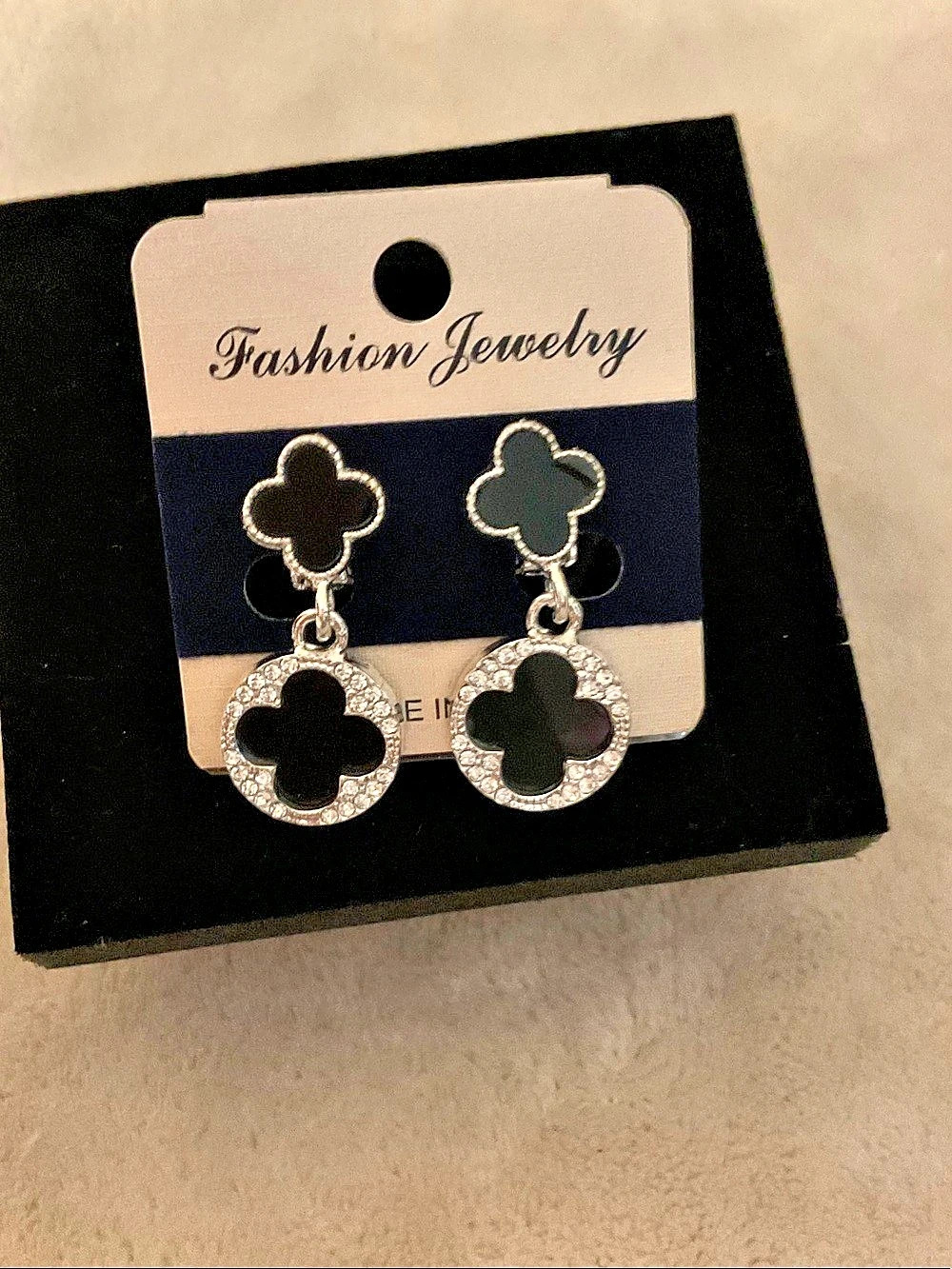 Clover Drop Clip-On Earrings in Silver & Black NWT